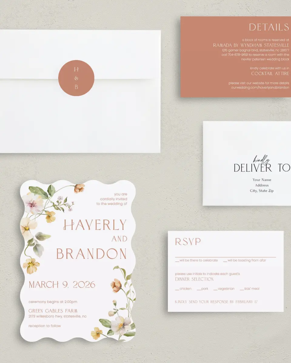 This is a 5" x 7" Wavy Wedding Invitation called Delicate Garden printed in full color with Silver foil on Luxe Satin (coated) paper