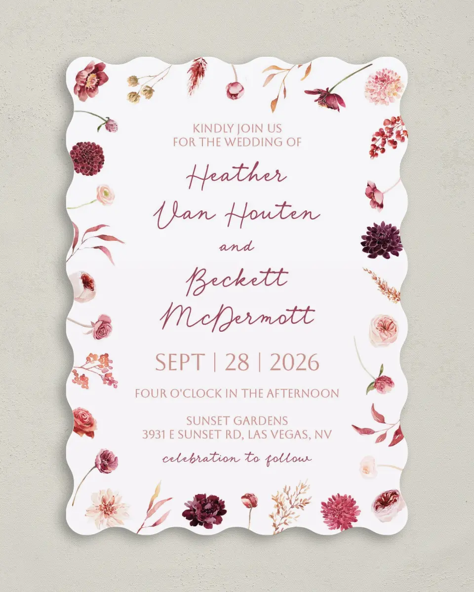 This is a 5" x 7" Wavy Wedding Invitation called Mauvelous printed in full color on Premium Smooth paper
