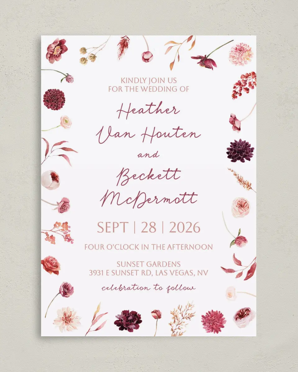 This is a 5" x 7" Classic Wedding Invitation called Mauvelous printed in full color on Premium Smooth paper