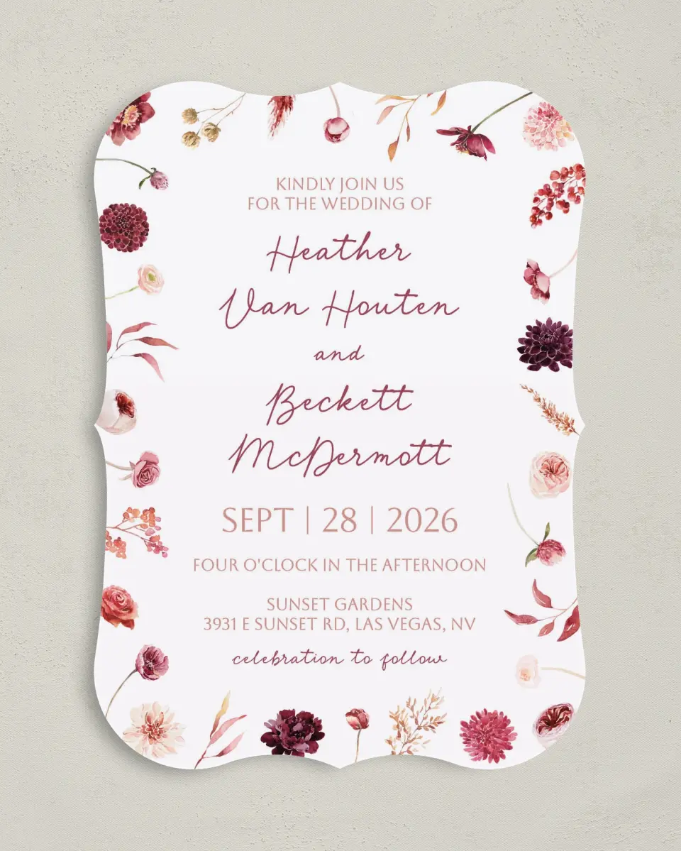 This is a 5" x 7" Bracket Wedding Invitation called Mauvelous printed in full color on Premium Smooth paper