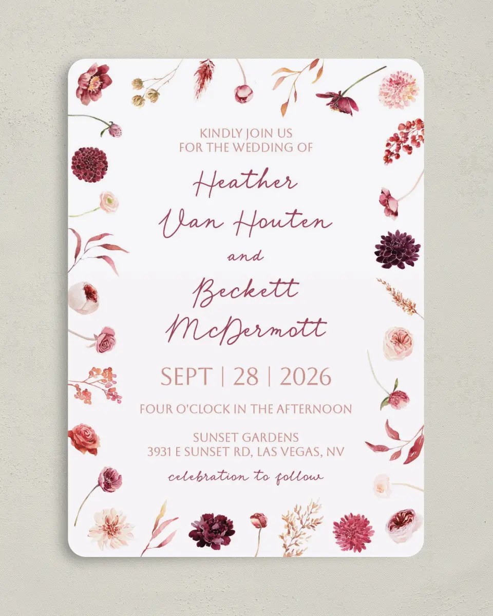 This is a 5" x 7" Rounded Wedding Invitation called Mauvelous printed in full color on Premium Smooth paper