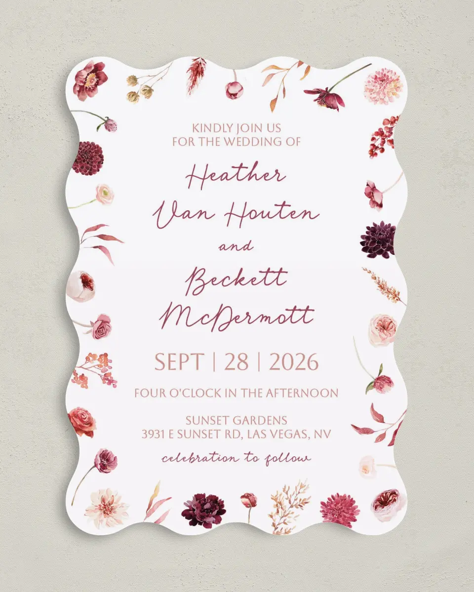 This is a 5" x 7" Wavy Wedding Invitation called Mauvelous printed in full color on Premium Smooth paper