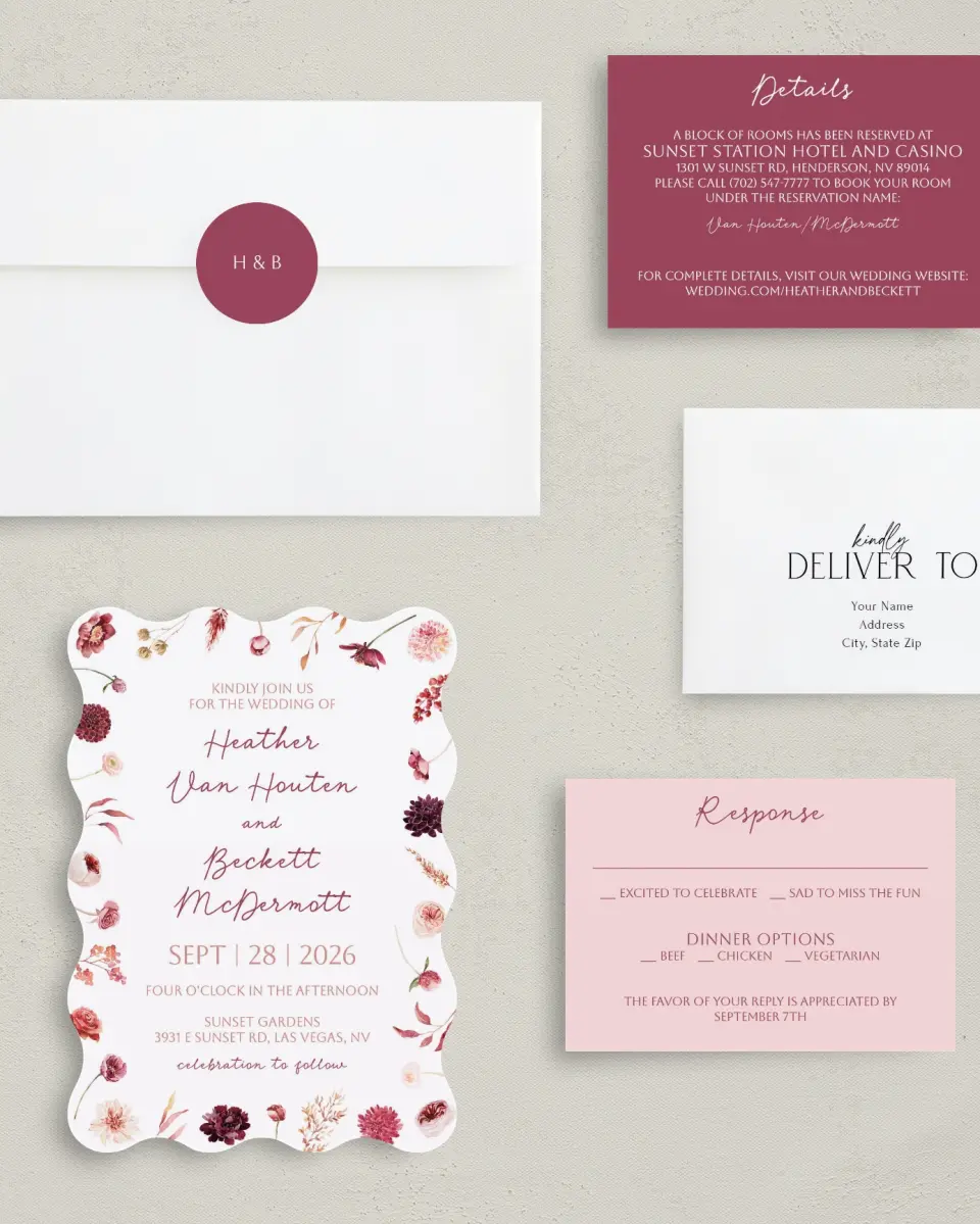 This is a 5" x 7" Wavy Wedding Invitation called Mauvelous printed in full color with Silver foil on Luxe Satin (coated) paper