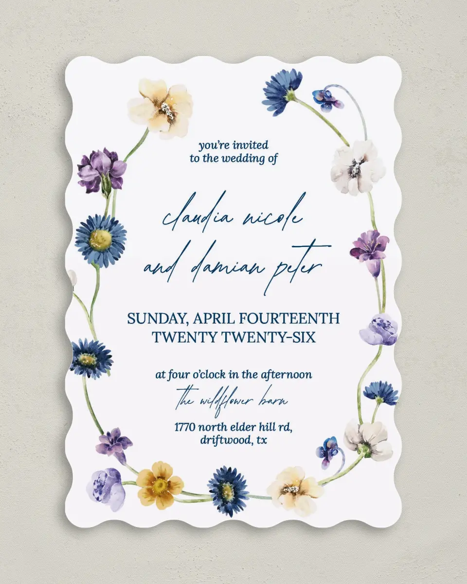 This is a 5" x 7" Wavy Wedding Invitation called Wildest Dream printed in full color on Premium Smooth paper