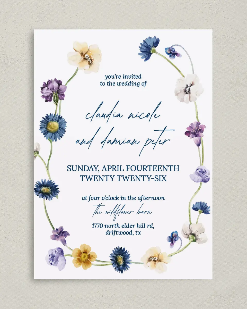 This is a 5" x 7" Classic Wedding Invitation called Wildest Dream printed in full color with Gold foil on Luxe Satin (coated) paper
