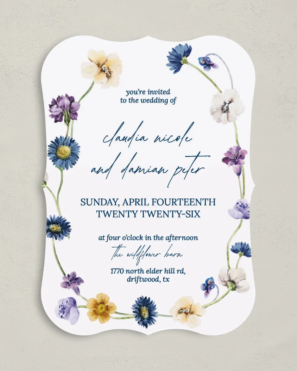 This is a 5" x 7" Bracket Wedding Invitation called Wildest Dream printed in full color with Silver foil on Luxe Satin (coated) paper