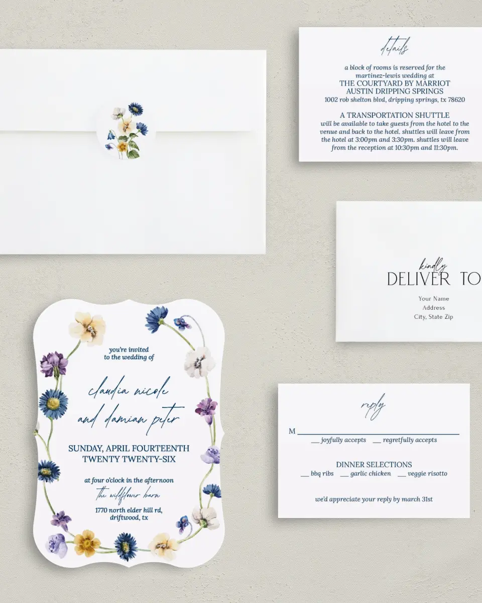 This is a 5" x 7" Bracket Wedding Invitation called Wildest Dream printed in full color with Silver foil on Luxe Satin (coated) paper