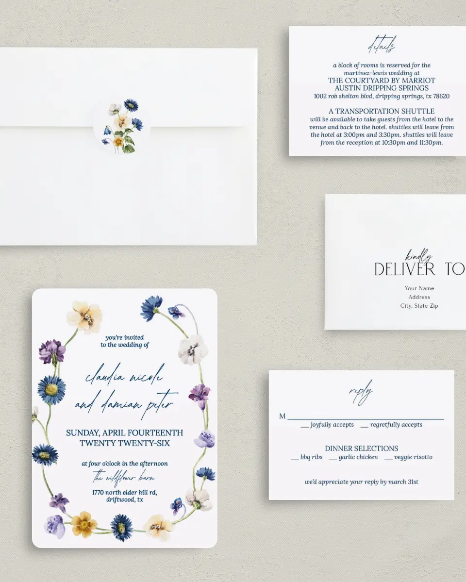 This is a 5" x 7" Rounded Wedding Invitation called Wildest Dream printed in full color with Gold foil on Luxe Satin (coated) paper