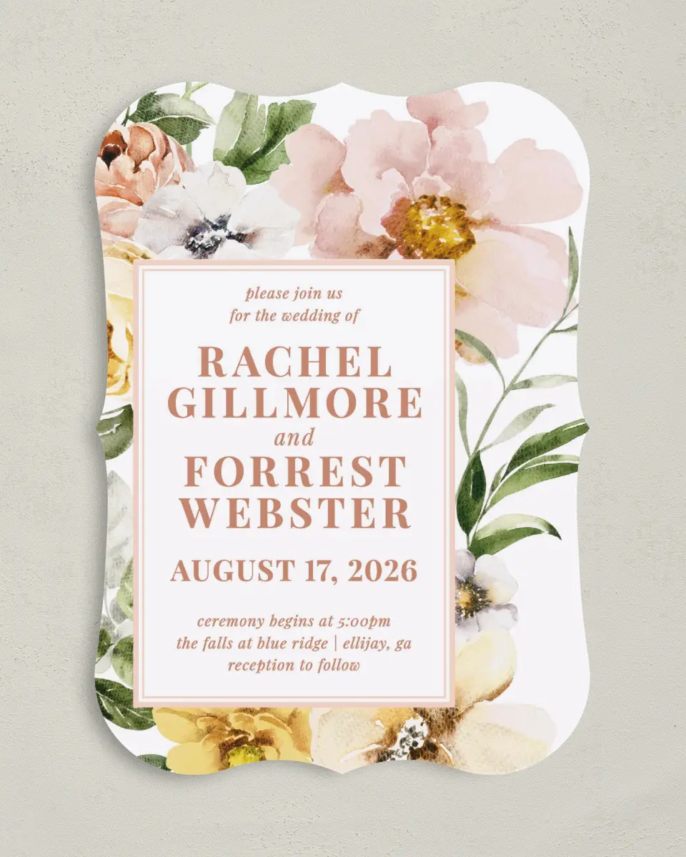 This is a 5" x 7" Bracket Wedding Invitation called Gorgeous Blush printed in full color on Premium Smooth paper