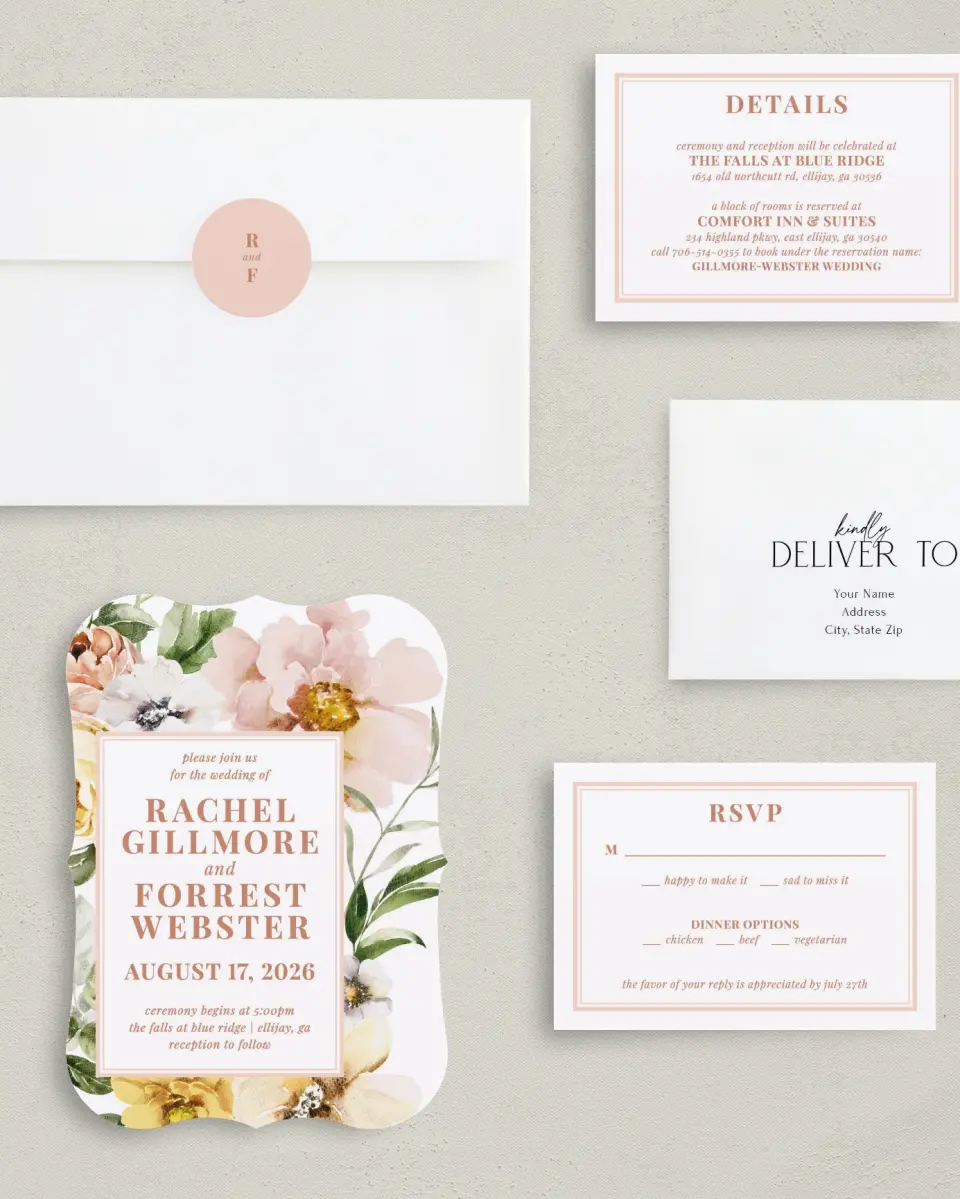 This is a 5" x 7" Bracket Wedding Invitation called Gorgeous Blush printed in full color with Silver foil on Luxe Satin (coated) paper