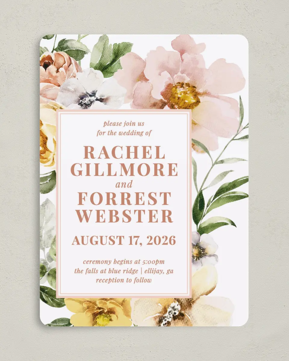 This is a 5" x 7" Rounded Wedding Invitation called Gorgeous Blush printed in full color on Premium Smooth paper