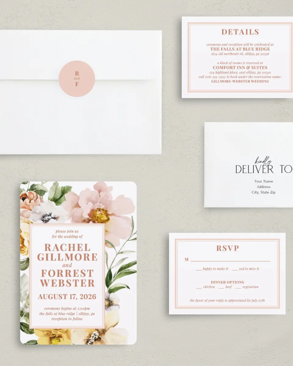 This is a 5" x 7" Rounded Wedding Invitation called Gorgeous Blush printed in full color with Gold foil on Luxe Satin (coated) paper