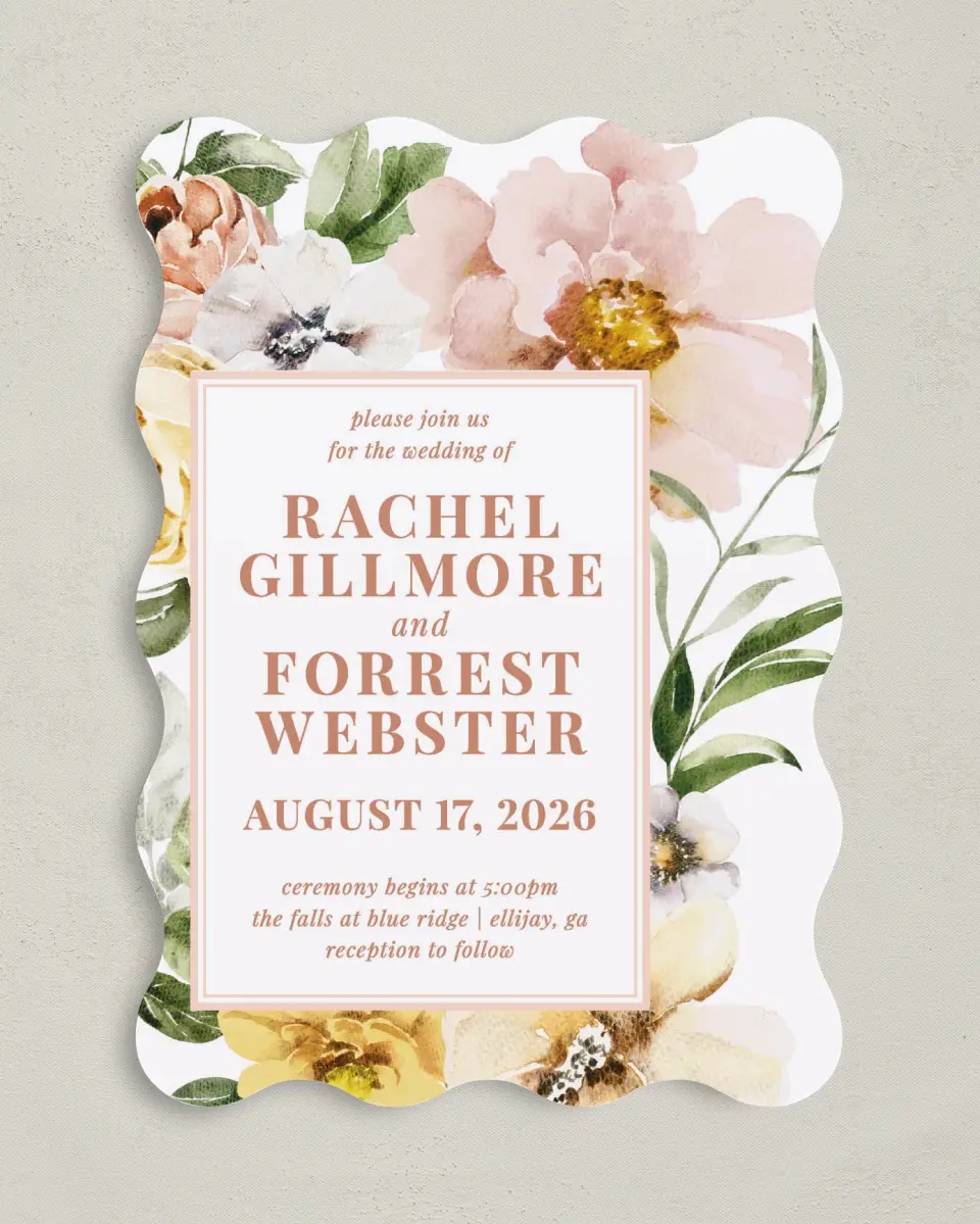 This is a 5" x 7" Wavy Wedding Invitation called Gorgeous Blush printed in full color on Premium Smooth paper
