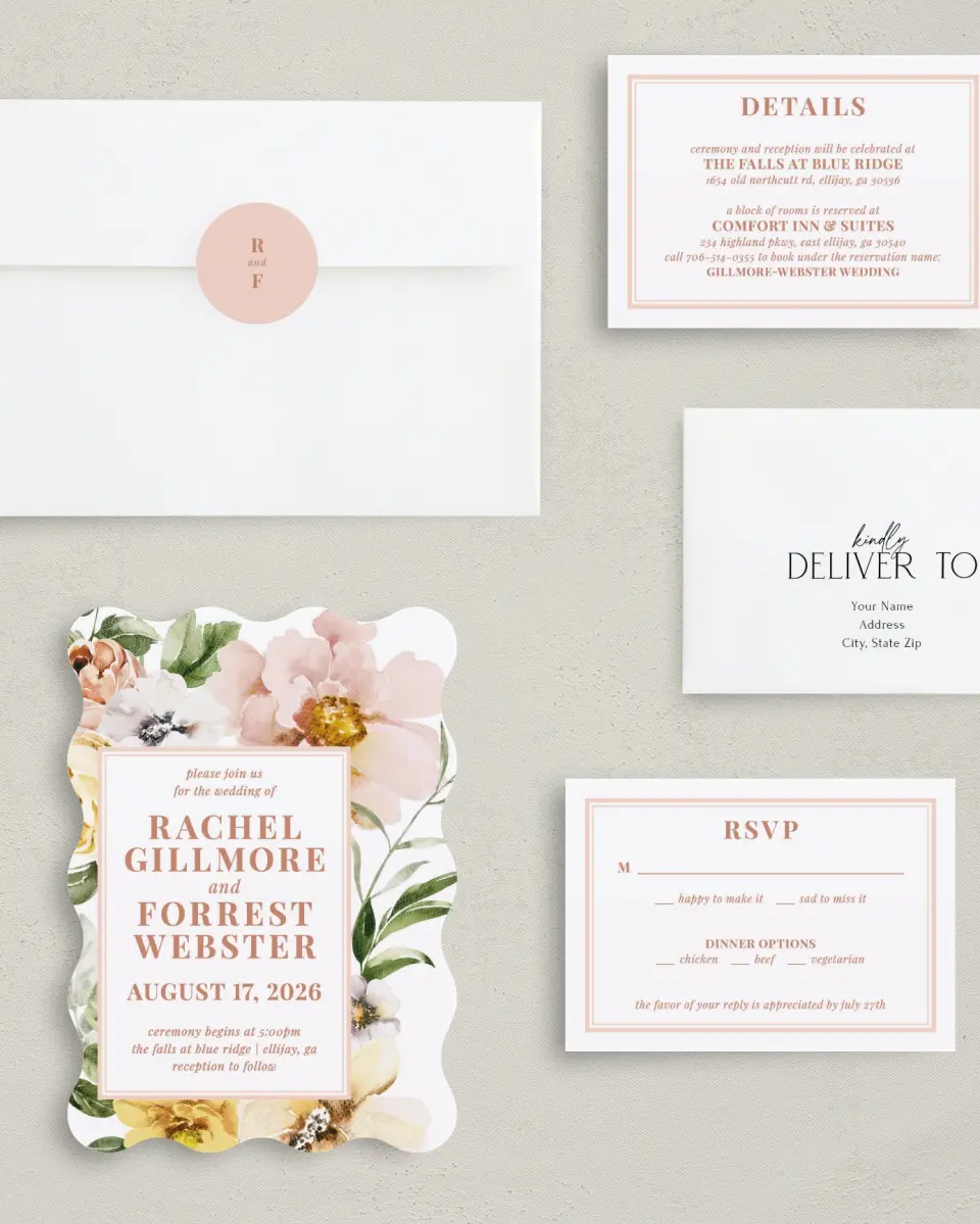 This is a 5" x 7" Wavy Wedding Invitation called Gorgeous Blush printed in full color with Gold foil on Luxe Satin (coated) paper