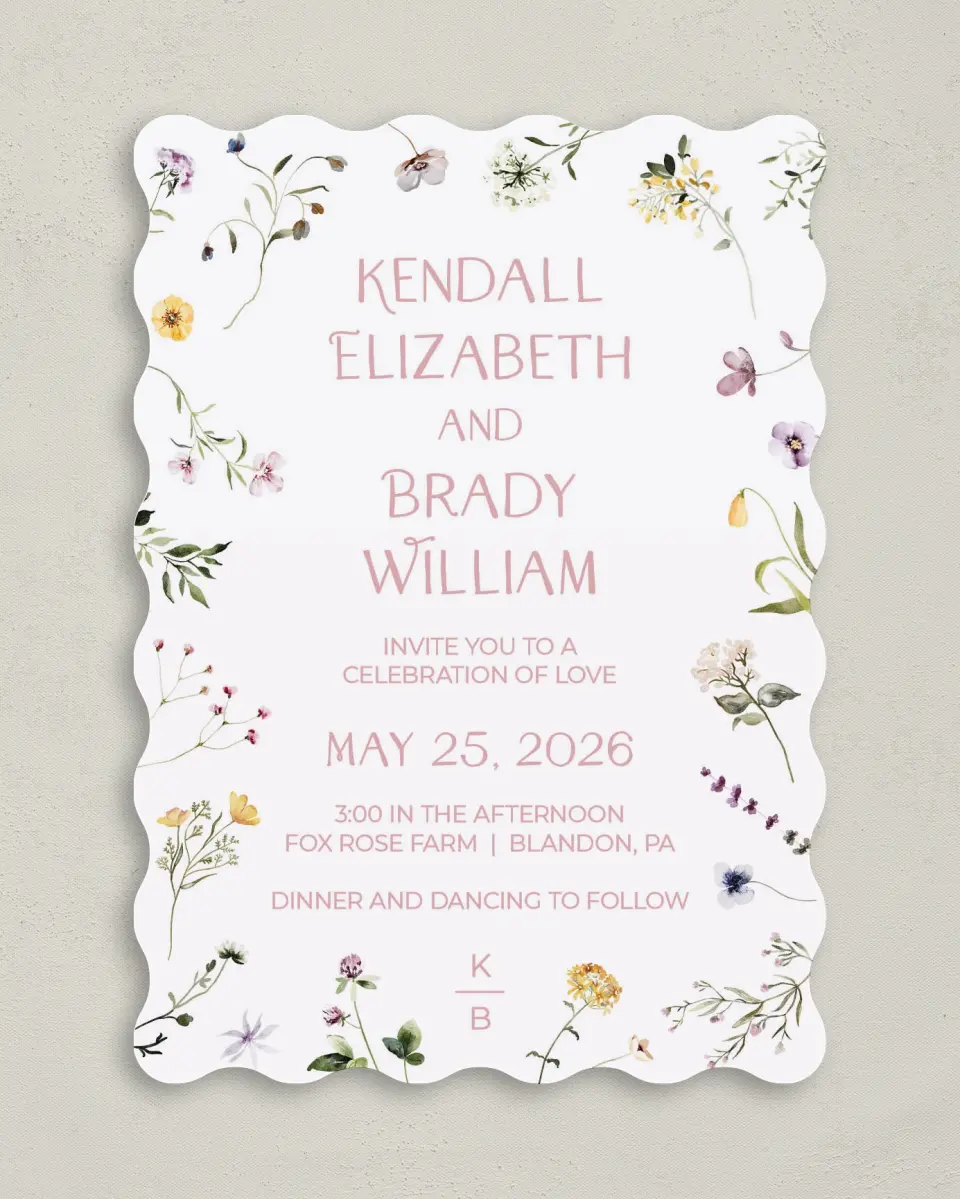 This is a 5" x 7" Wavy Wedding Invitation called Efflorescence printed in full color on Premium Smooth paper