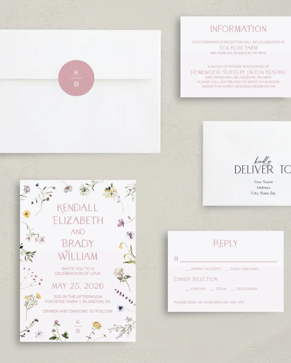 This is a 5" x 7" Classic Wedding Invitation called Efflorescence printed in full color with Gold foil on Luxe Satin (coated) paper