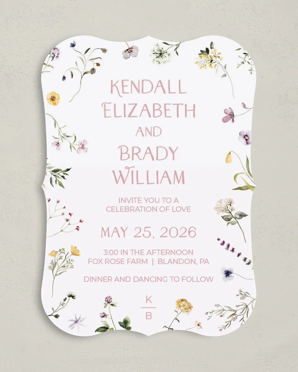 This is a 5" x 7" Bracket Wedding Invitation called Efflorescence printed in full color on Premium Smooth paper