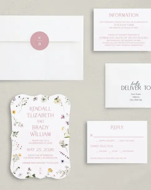 This is a 5" x 7" Bracket Wedding Invitation called Efflorescence printed in full color on Premium Smooth paper