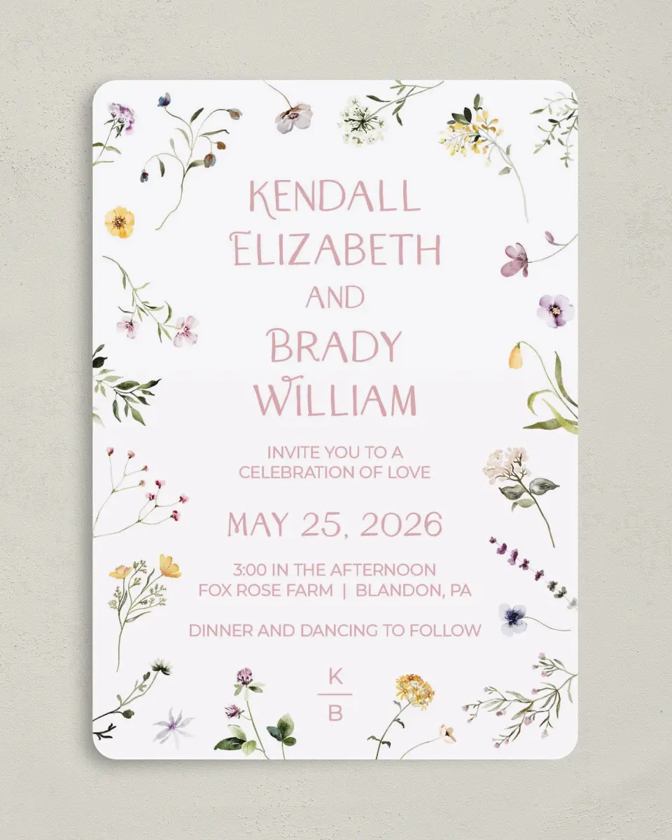 This is a 5" x 7" Rounded Wedding Invitation called Efflorescence printed in full color on Premium Smooth paper