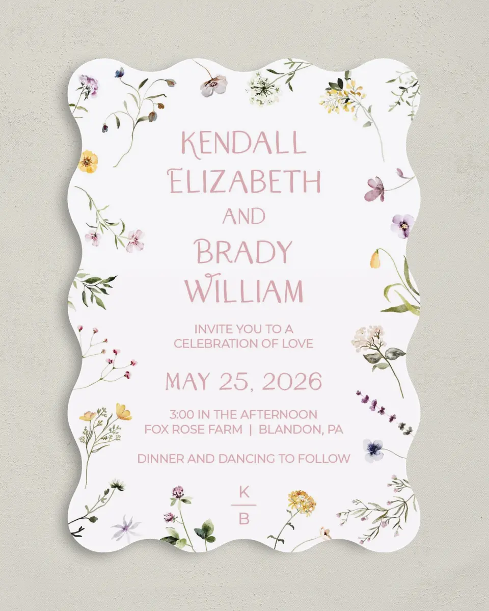 This is a 5" x 7" Wavy Wedding Invitation called Efflorescence printed in full color on Premium Smooth paper
