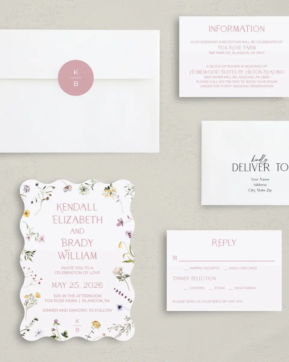 This is a 5" x 7" Wavy Wedding Invitation called Efflorescence printed in full color with Silver foil on Luxe Satin (coated) paper