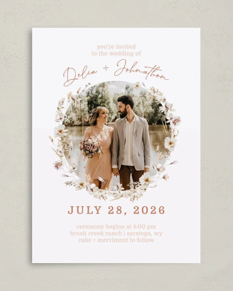 This is a 5" x 7" Classic Wedding Invitation called Petal Perfect printed in full color on Premium Smooth paper