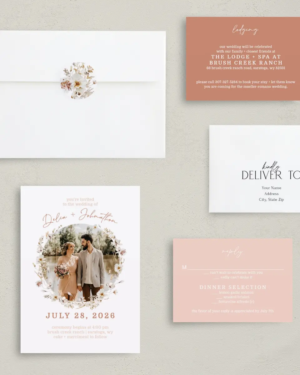 This is a 5" x 7" Classic Wedding Invitation called Petal Perfect printed in full color with Silver foil on Luxe Satin (coated) paper