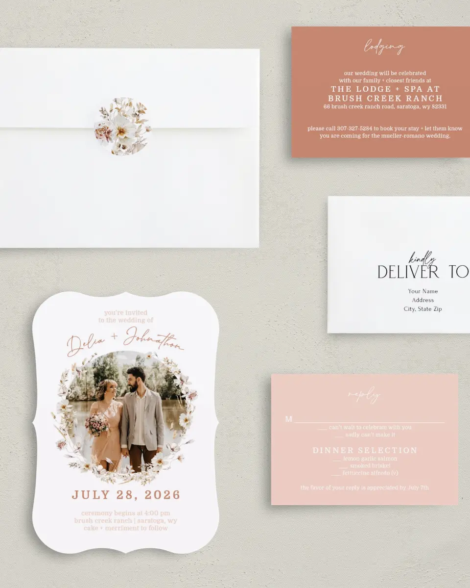 This is a 5" x 7" Bracket Wedding Invitation called Petal Perfect printed in full color with Silver foil on Luxe Satin (coated) paper