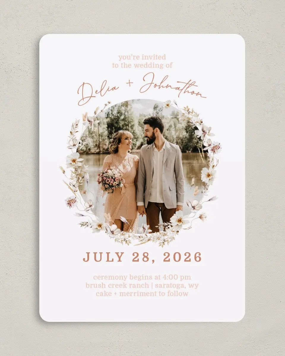 This is a 5" x 7" Rounded Wedding Invitation called Petal Perfect printed in full color on Premium Smooth paper