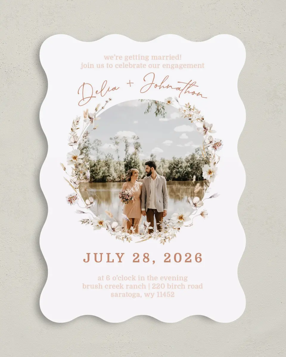 This is a 5" x 7" Wavy Wedding Invitation called Petal Perfect printed in full color with Rose Gold foil on Luxe Satin (coated) paper