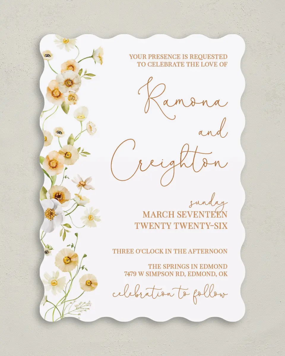 This is a 5" x 7" Wavy Wedding Invitation called Sultry Sunshine printed in full color on Premium Smooth paper
