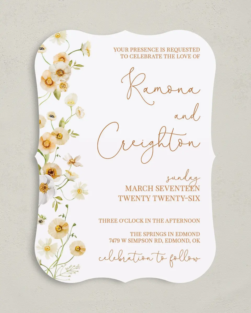 This is a 5" x 7" Bracket Wedding Invitation called Sultry Sunshine printed in full color with Silver foil on Luxe Satin (coated) paper