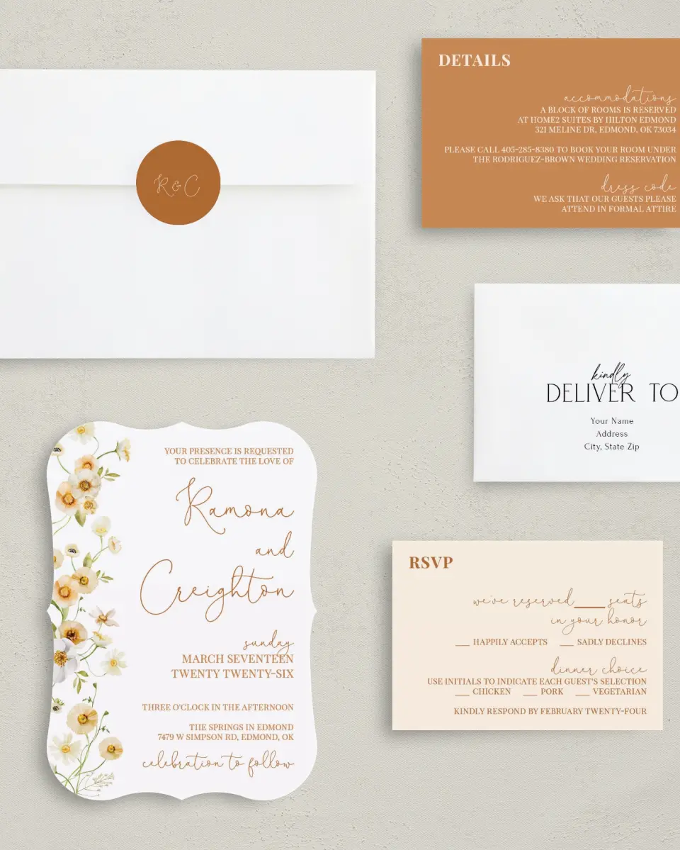 This is a 5" x 7" Bracket Wedding Invitation called Sultry Sunshine printed in full color with Silver foil on Luxe Satin (coated) paper
