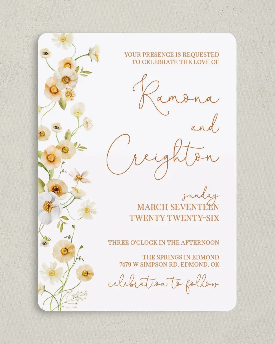 This is a 5" x 7" Rounded Wedding Invitation called Sultry Sunshine printed in full color on Premium Smooth paper