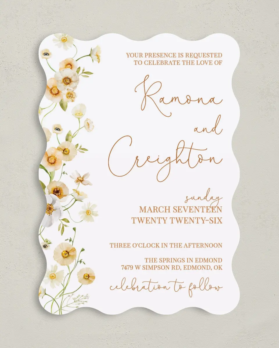 This is a 5" x 7" Wavy Wedding Invitation called Sultry Sunshine printed in full color on Premium Smooth paper