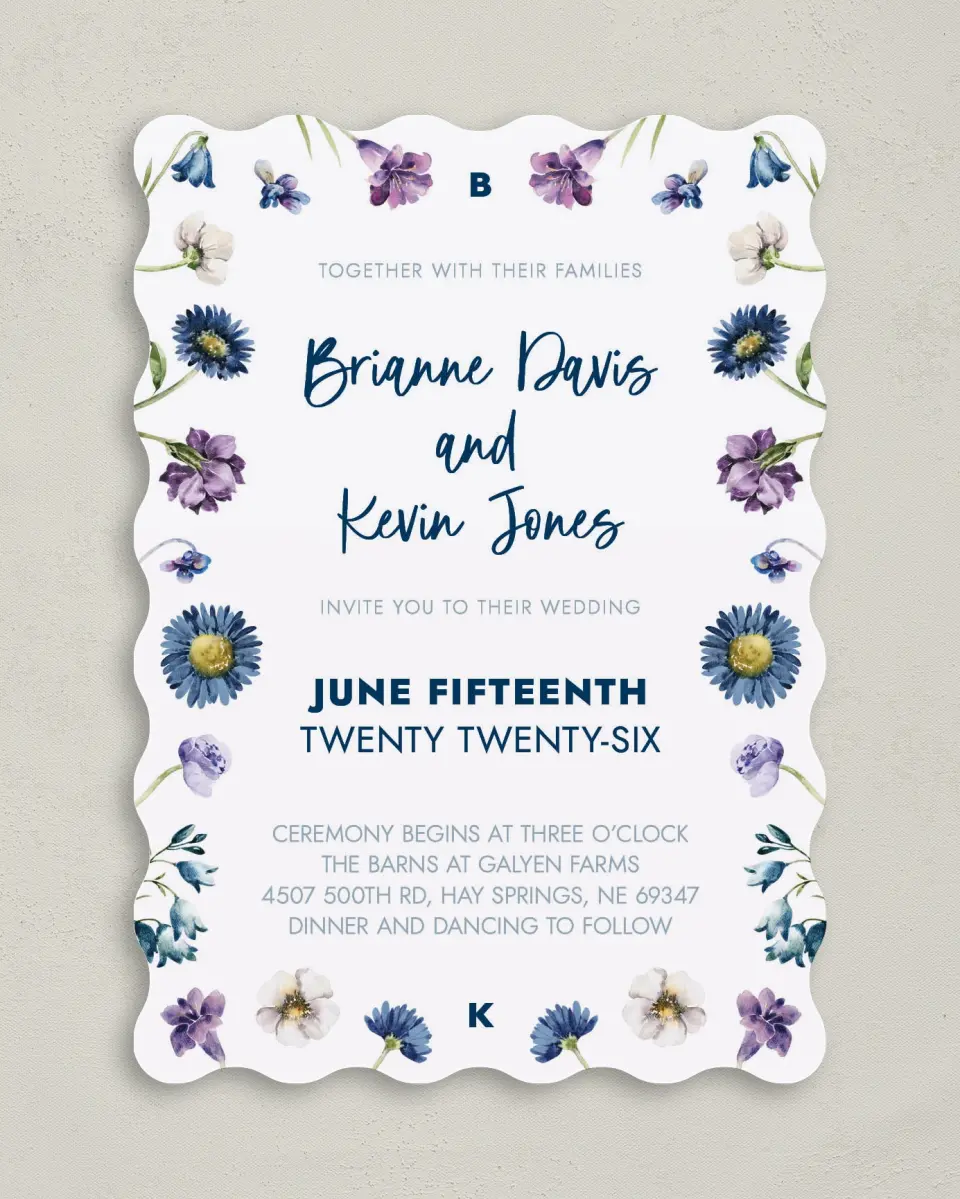 This is a 5" x 7" Wavy Wedding Invitation called Abundant Blue printed in full color on Premium Smooth paper