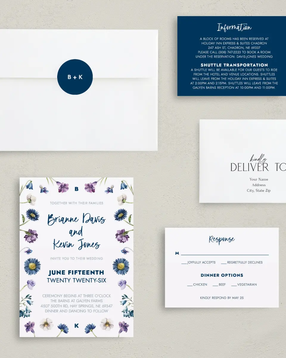 This is a 5" x 7" Classic Wedding Invitation called Abundant Blue printed in full color with Rose Gold foil on Luxe Satin (coated) paper