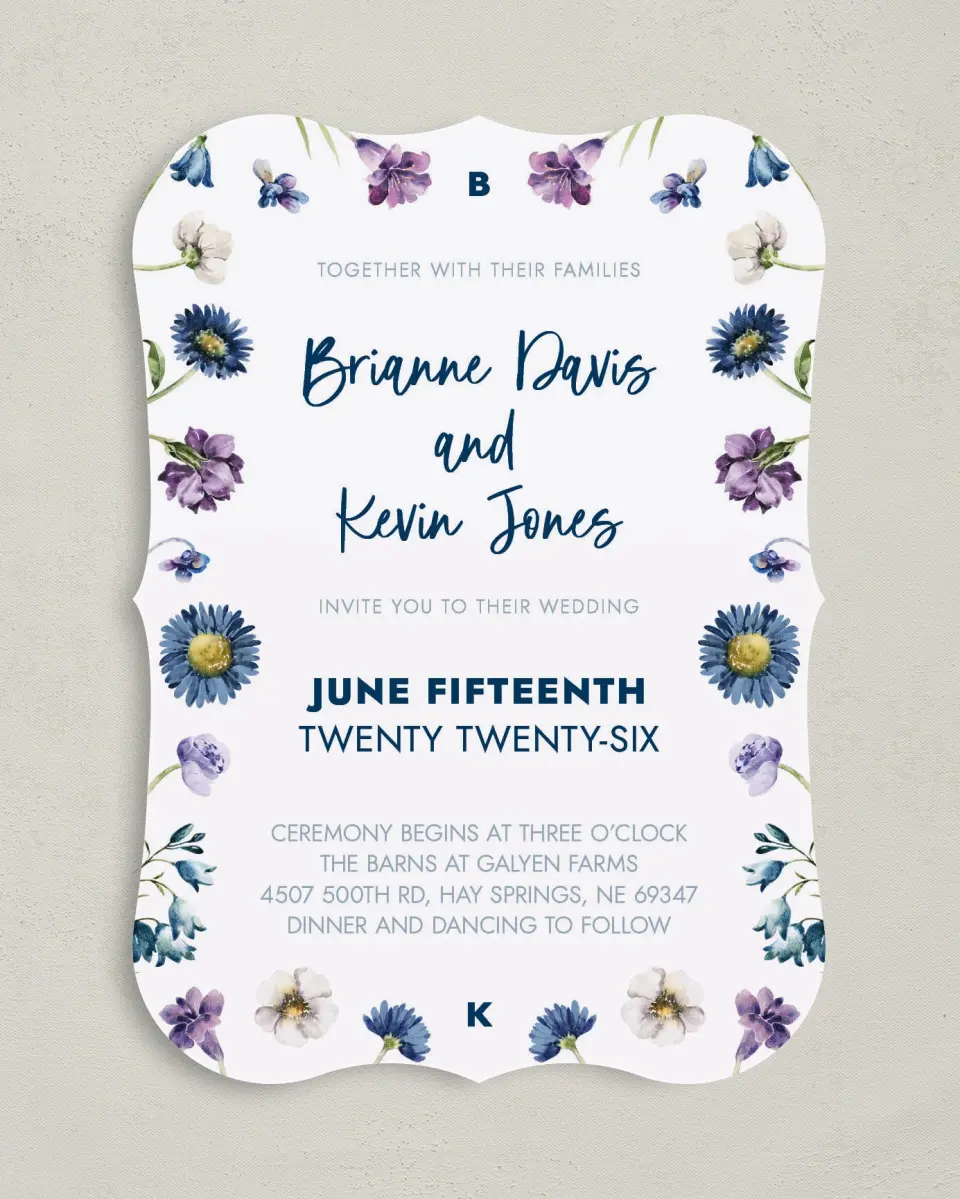 This is a 5" x 7" Bracket Wedding Invitation called Abundant Blue printed in full color with Silver foil on Luxe Satin (coated) paper