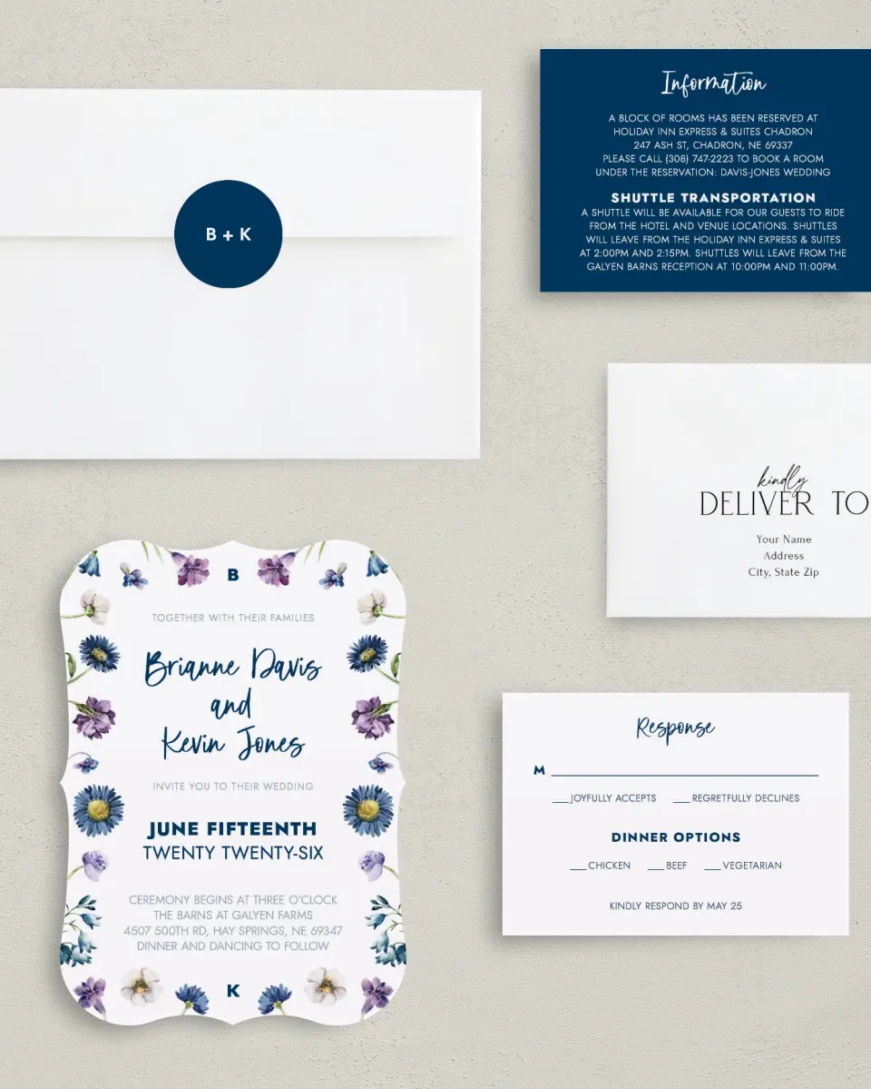 This is a 5" x 7" Bracket Wedding Invitation called Abundant Blue printed in full color with Silver foil on Luxe Satin (coated) paper