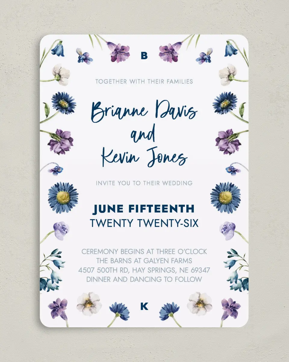 This is a 5" x 7" Rounded Wedding Invitation called Abundant Blue printed in full color on Premium Smooth paper
