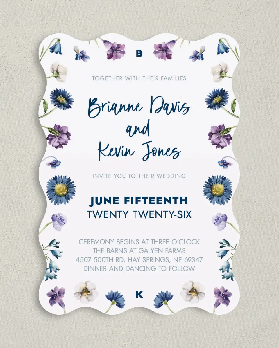 This is a 5" x 7" Wavy Wedding Invitation called Abundant Blue printed in full color with Gold foil on Luxe Satin (coated) paper