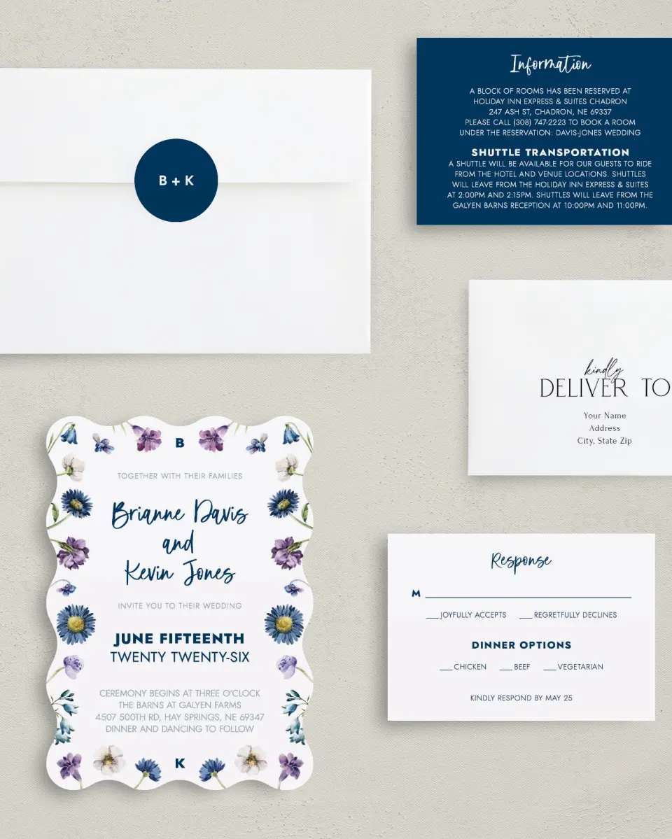 This is a 5" x 7" Wavy Wedding Invitation called Abundant Blue printed in full color with Gold foil on Luxe Satin (coated) paper