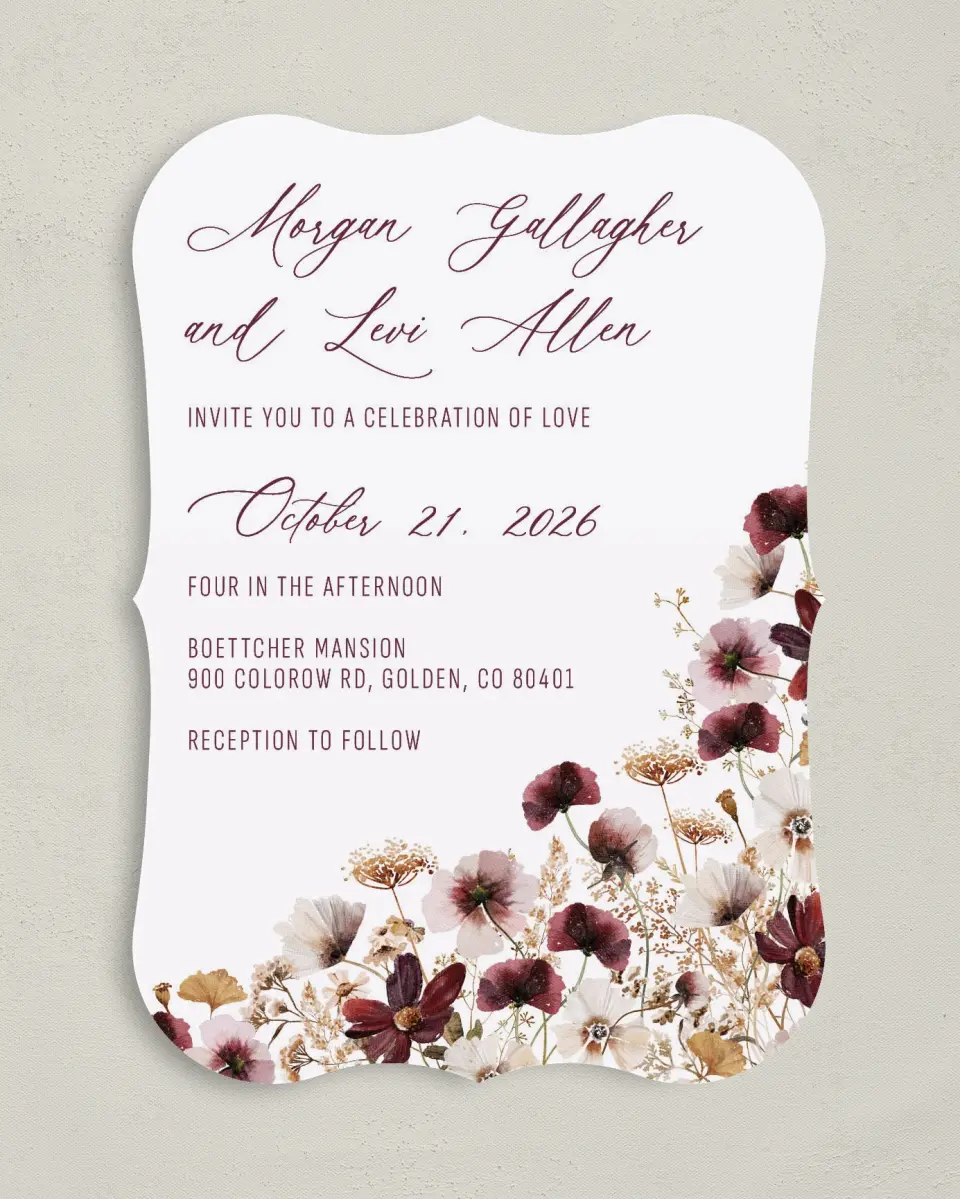 This is a 5" x 7" Bracket Wedding Invitation called Harvest Meadows printed in full color on Premium Smooth paper