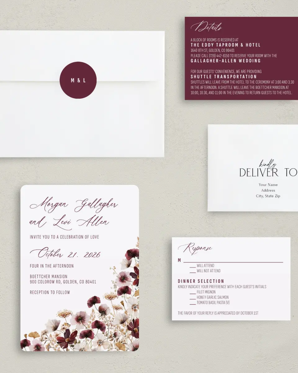 This is a 5" x 7" Rounded Wedding Invitation called Harvest Meadows printed in full color with Gold foil on Luxe Satin (coated) paper