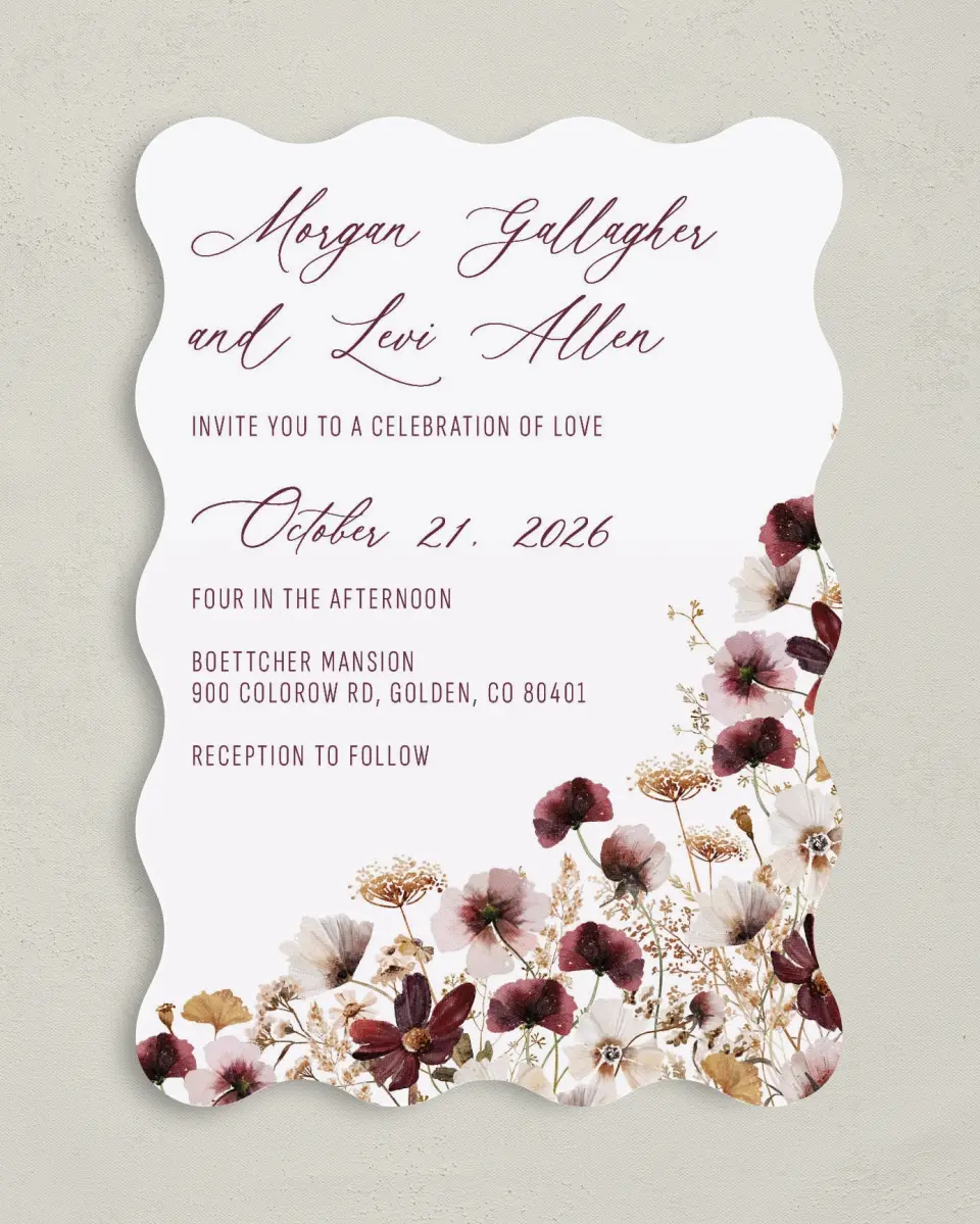 This is a 5" x 7" Wavy Wedding Invitation called Harvest Meadows printed in full color on Premium Smooth paper