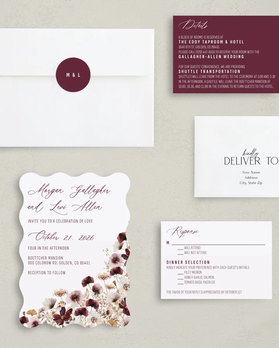 This is a 5" x 7" Wavy Wedding Invitation called Harvest Meadows printed in full color with Silver foil on Luxe Satin (coated) paper