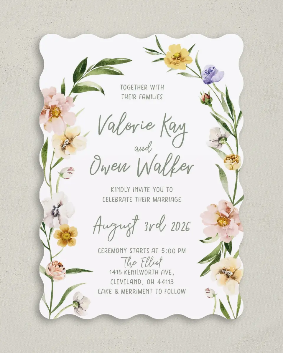 This is a 5" x 7" Wavy Wedding Invitation called Hopeful Floral printed in full color on Premium Smooth paper