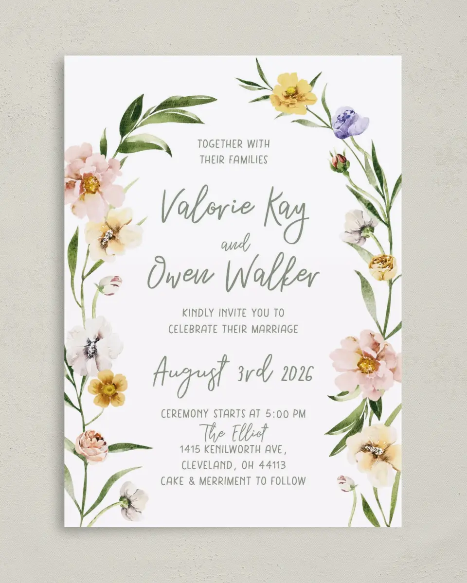 This is a 5" x 7" Classic Wedding Invitation called Hopeful Floral printed in full color on Premium Smooth paper