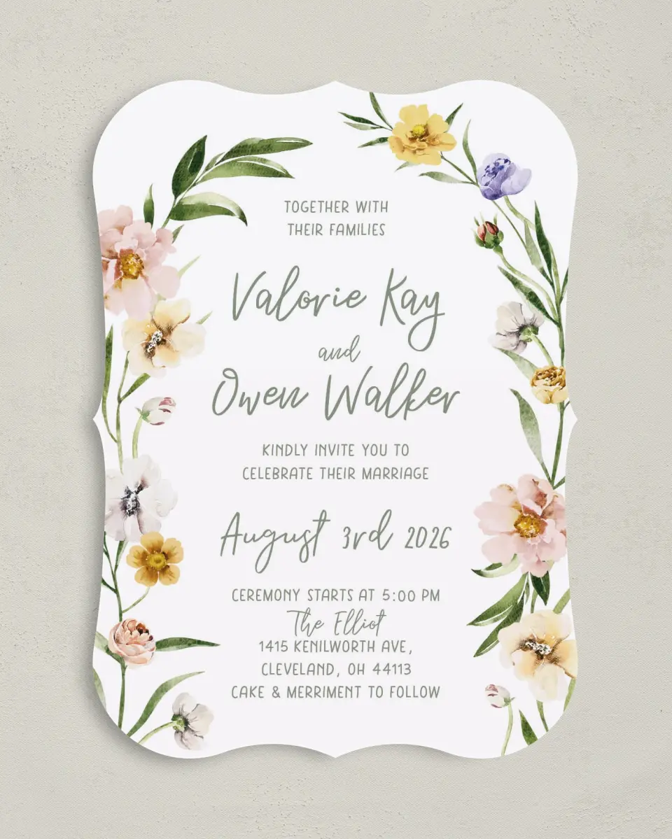 This is a 5" x 7" Bracket Wedding Invitation called Hopeful Floral printed in full color on Premium Smooth paper