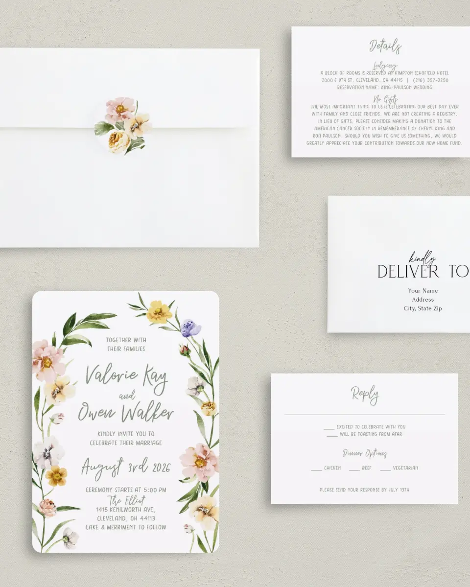 This is a 5" x 7" Rounded Wedding Invitation called Hopeful Floral printed in full color with Gold foil on Luxe Satin (coated) paper